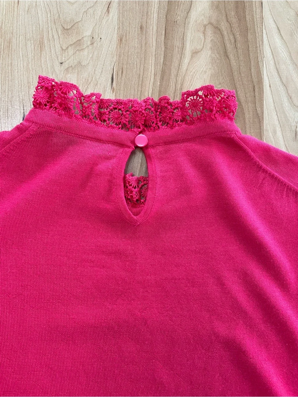 J. Crew Medium Pink Tippi Sweater Crochet Lace Collar Lightweight Merino Wool